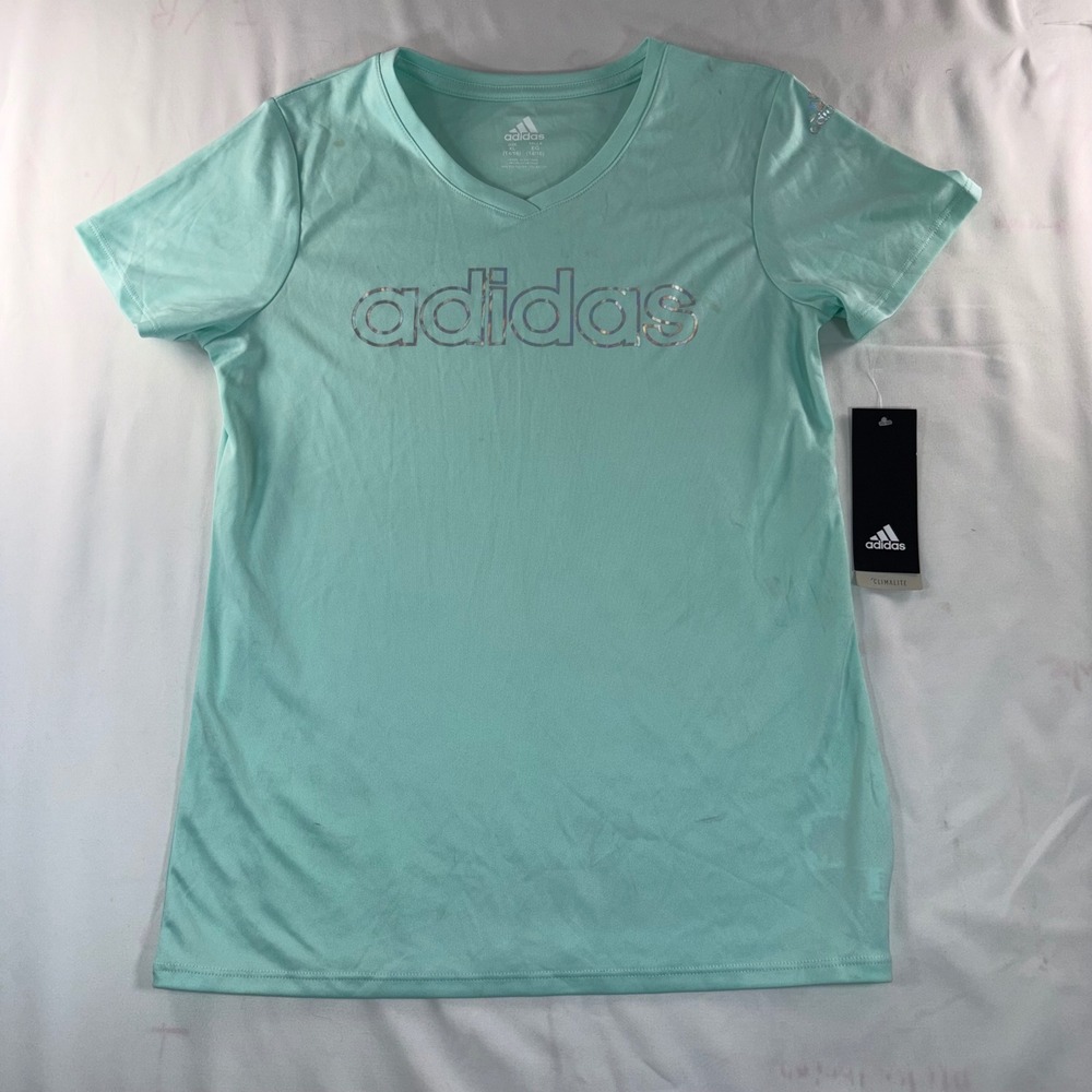 Adidas Girls XL 14/16 Ice Green Climalite V-Neck T-Shirt Holographic Logo AA4496